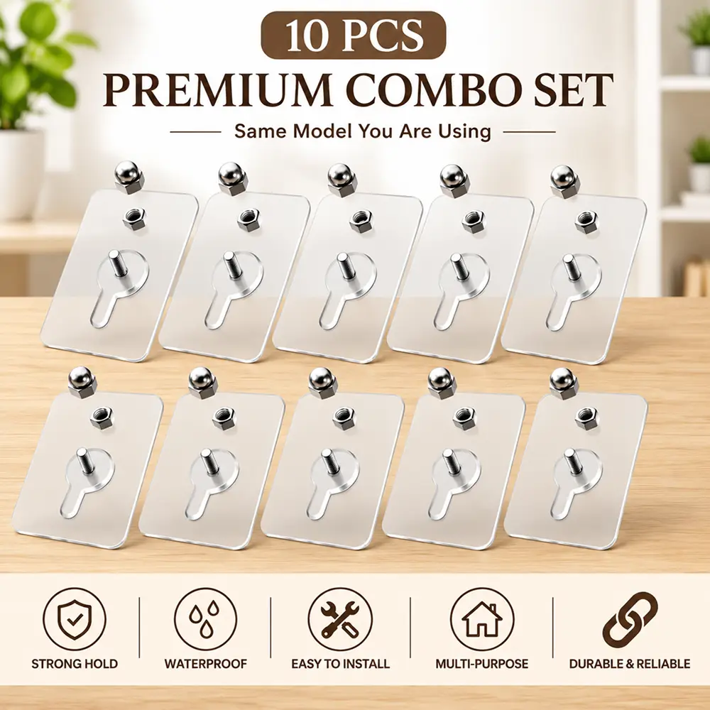 10 Pcs নাট হুক প্রিমিয়াম ট্রান্সপারেন্ট হেভি-ডিউটি অ্যাডহেসিভ / 10 PCS Premium Transparent Heavy-Duty Adhesive Wall Hook Combo Set