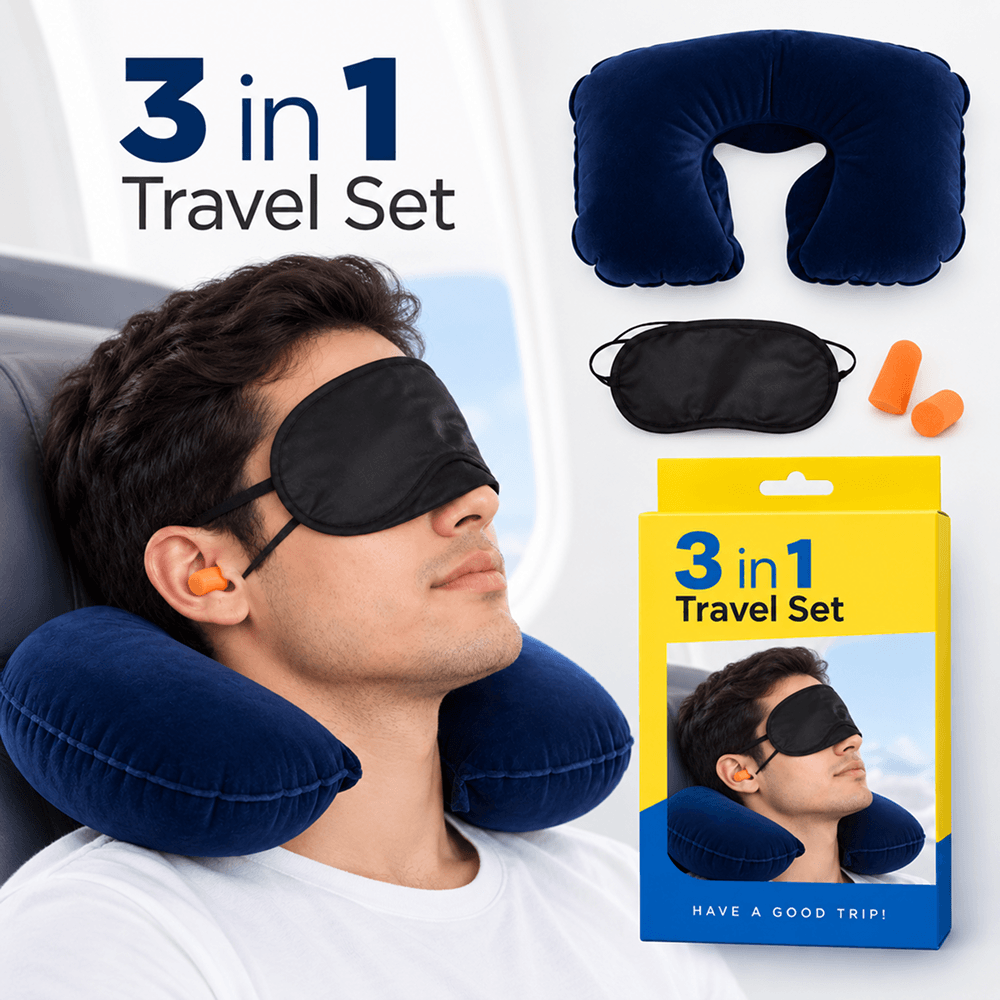 Travel Selection 3 in 1 with Comfort Neck Pillow Sleeping Eye Mask & Travel Earplug Set